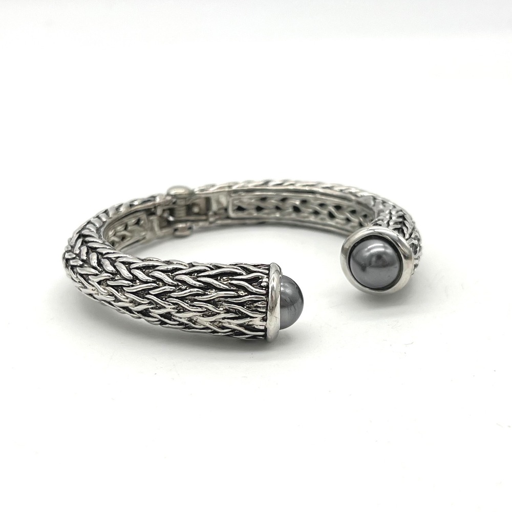 Silver Tone Woven Braided Hinged Cuff Bracelet with Grey Faux Pearl Ends